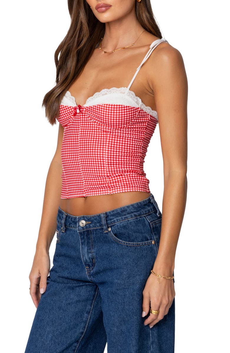 EDIKTED Peekaboo Lacy Gingham Corset Top, Alternate, color, Red