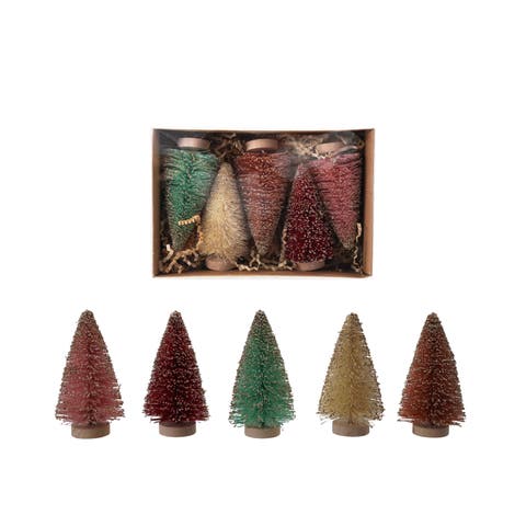 5-Piece Sisal Bottle Brush Trees with Glitter and Wood Bases, Multicolor,