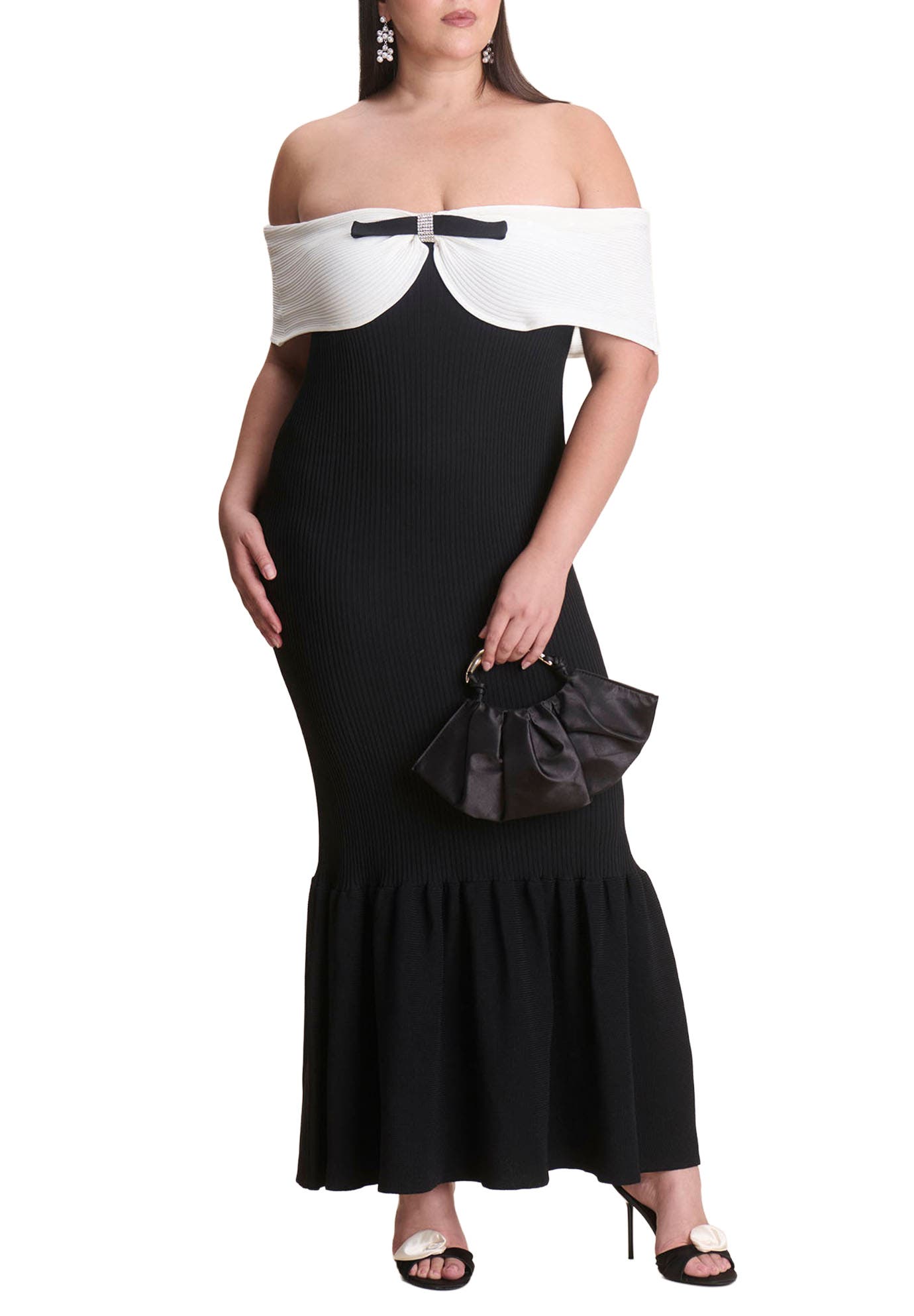 Contrast Bow Fluted Midi Dress