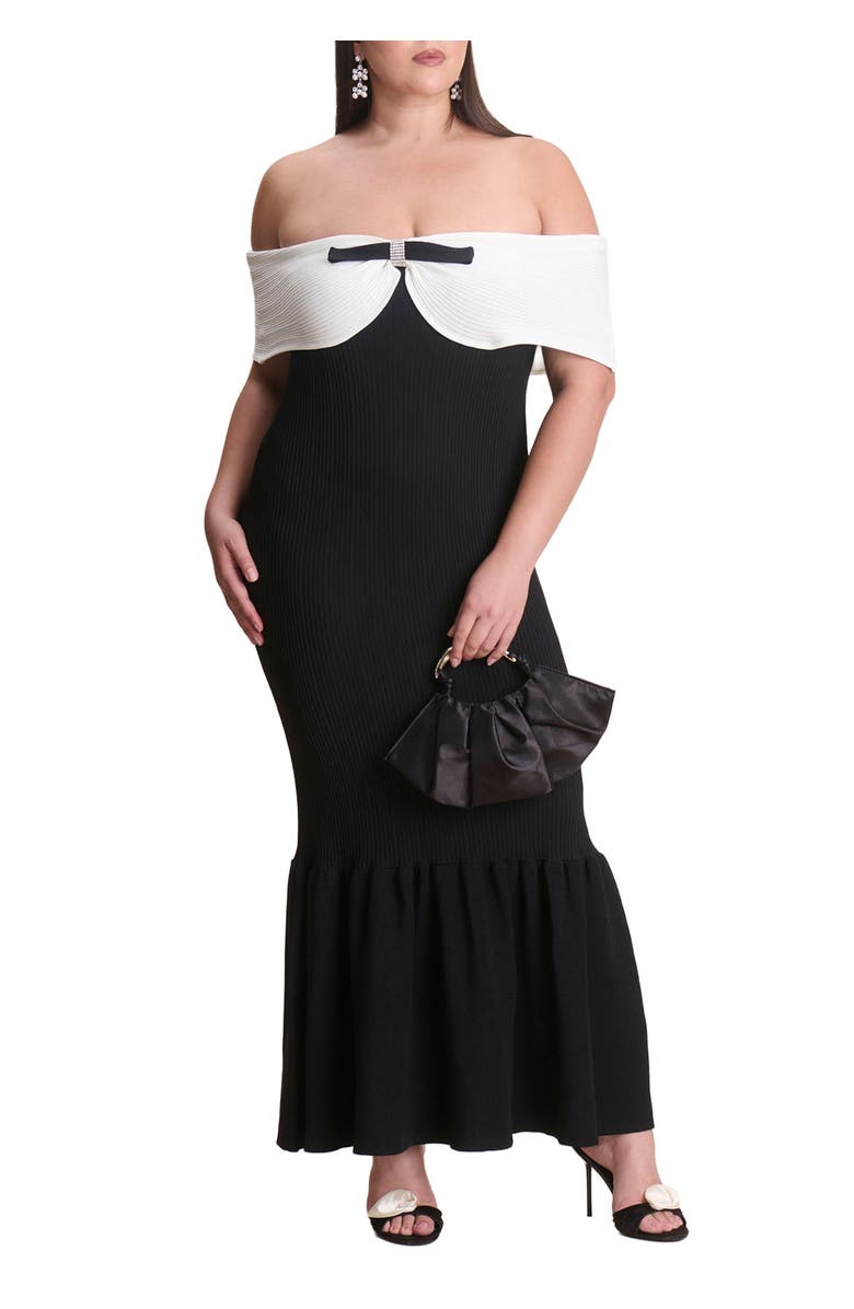 ELOQUII Contrast Bow Fluted Midi Dress, Main, color, Black Onyx White