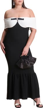 ELOQUII Contrast Bow Fluted Midi Dress