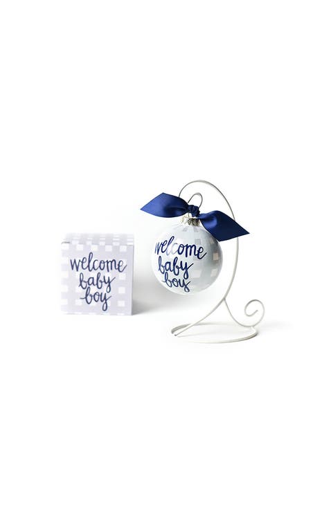 Welcome Baby Boy Gingham Glass Ornament with Stand