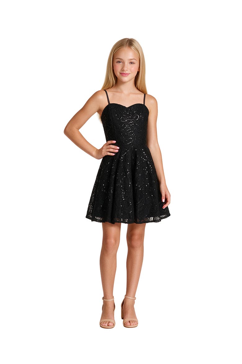 Kids' Fit and Flare Sequin Lace Lace-Up Back Dress, Main, color, Black