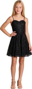 Un Deux Trois Kids' Fit and Flare Sequin Lace Lace-Up Back Dress