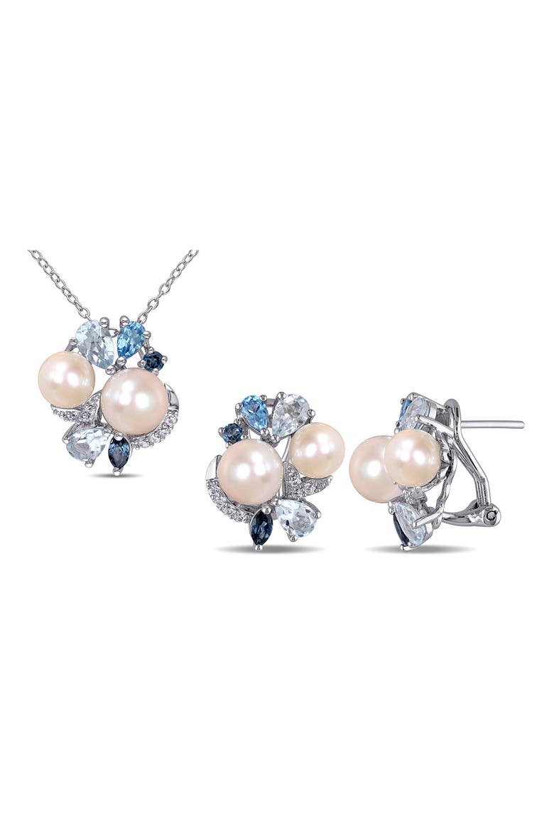 Created White Sapphire, Blue Topaz & 7.5-8mm Cultured Pearl Earrings & Necklace Set, Main, color, BLUE