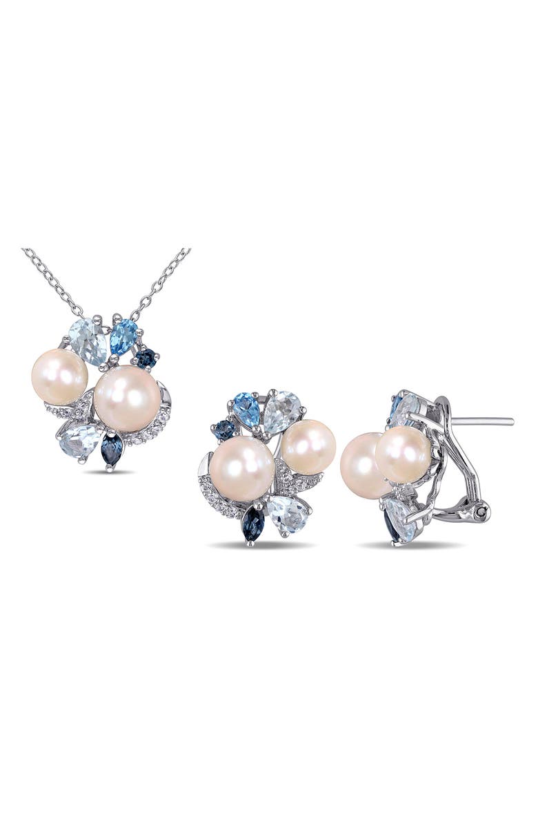 DELMAR Created White Sapphire, Blue Topaz & 7.5-8mm Cultured Pearl Earrings & Necklace Set, Main, color,