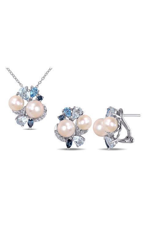 Created White Sapphire, Blue Topaz & 7.5-8mm Cultured Pearl Earrings & Necklace Set