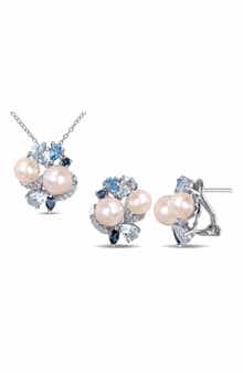 DELMAR Created White Sapphire, Blue Topaz & 7.5-8mm Cultured Pearl Earrings & Necklace Set