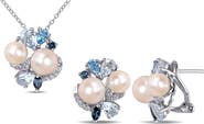 DELMAR Created White Sapphire, Blue Topaz & 7.5-8mm Cultured Pearl Earrings & Necklace Set