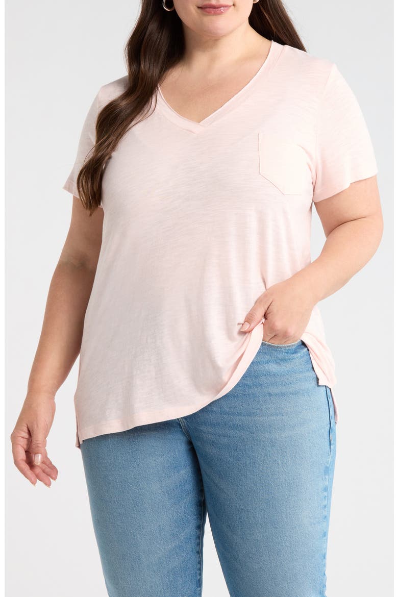 Short Sleeve Cotton & Modal V-Neck Pocket T-Shirt, Main, color, PINK FRESCO