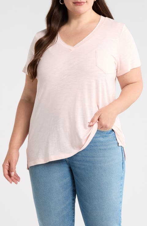 Short Sleeve Cotton & Modal V-Neck Pocket T-Shirt (Plus)