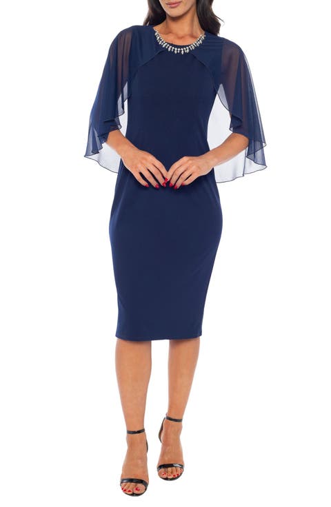Crystal Embellished Neck Cape Sleeve Sheath Cocktail Dress