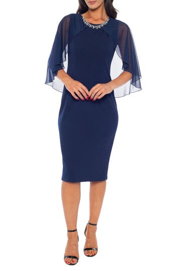 Marina Crystal Embellished Neck Cape Sleeve Sheath Cocktail Dress In Blue