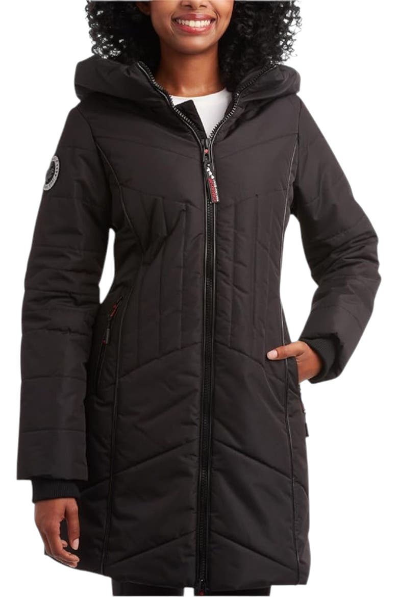 Women's Long Puffer Jacket with  Faux Fur Trim, Main, color, Black