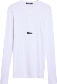 Dolce&Gabbana Label Patch Long Sleeve Serafino Cotton Rib T-Shirt