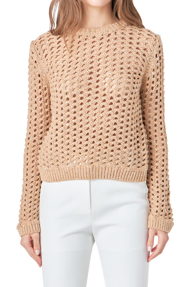 Endless Rose Sequin Openwork Sweater, Alternate, color, Beige