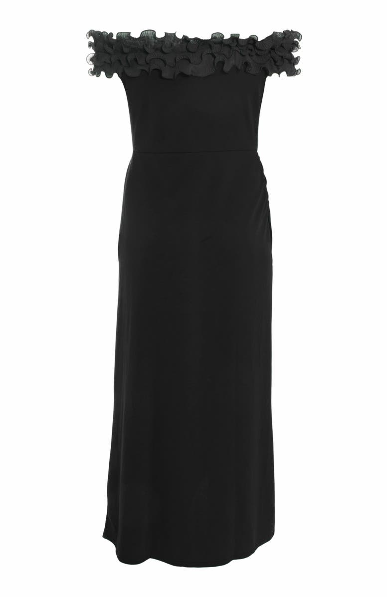 QUIZ Plus Size Scuba Crepe Ruffle Bardot Maxi Dress, Alternate, color, 