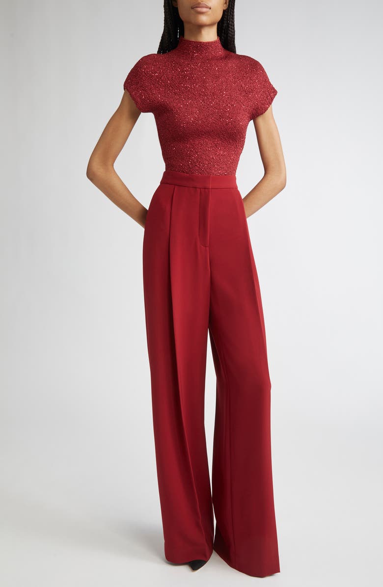 Lela Rose Sequin Knit Short Sleeve Mock Neck Top, Alternate, color, Wine