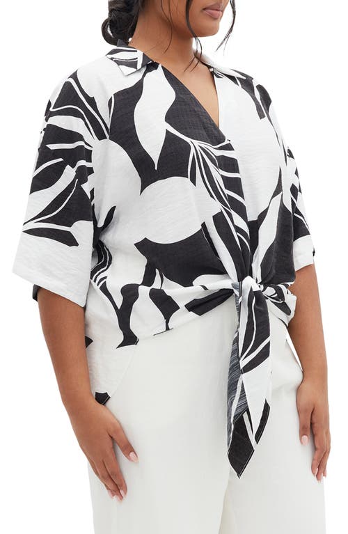 City Chic Abstract Floral Tie Front Shirt In Palm Paradise