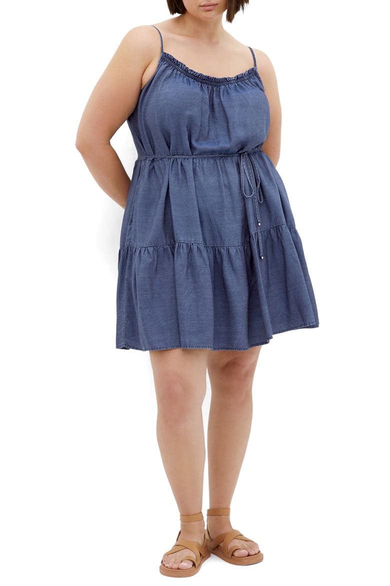 Sweet Tiers Sleeveless Denim Dress, Main, color, DARK WASH