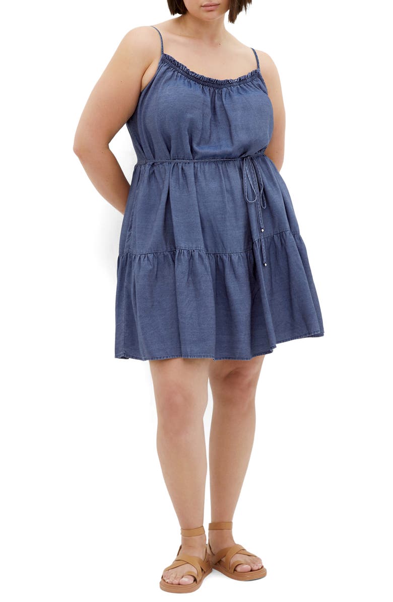 City Chic Sweet Tiers Sleeveless Denim Dress, Main, color, Dark Wash