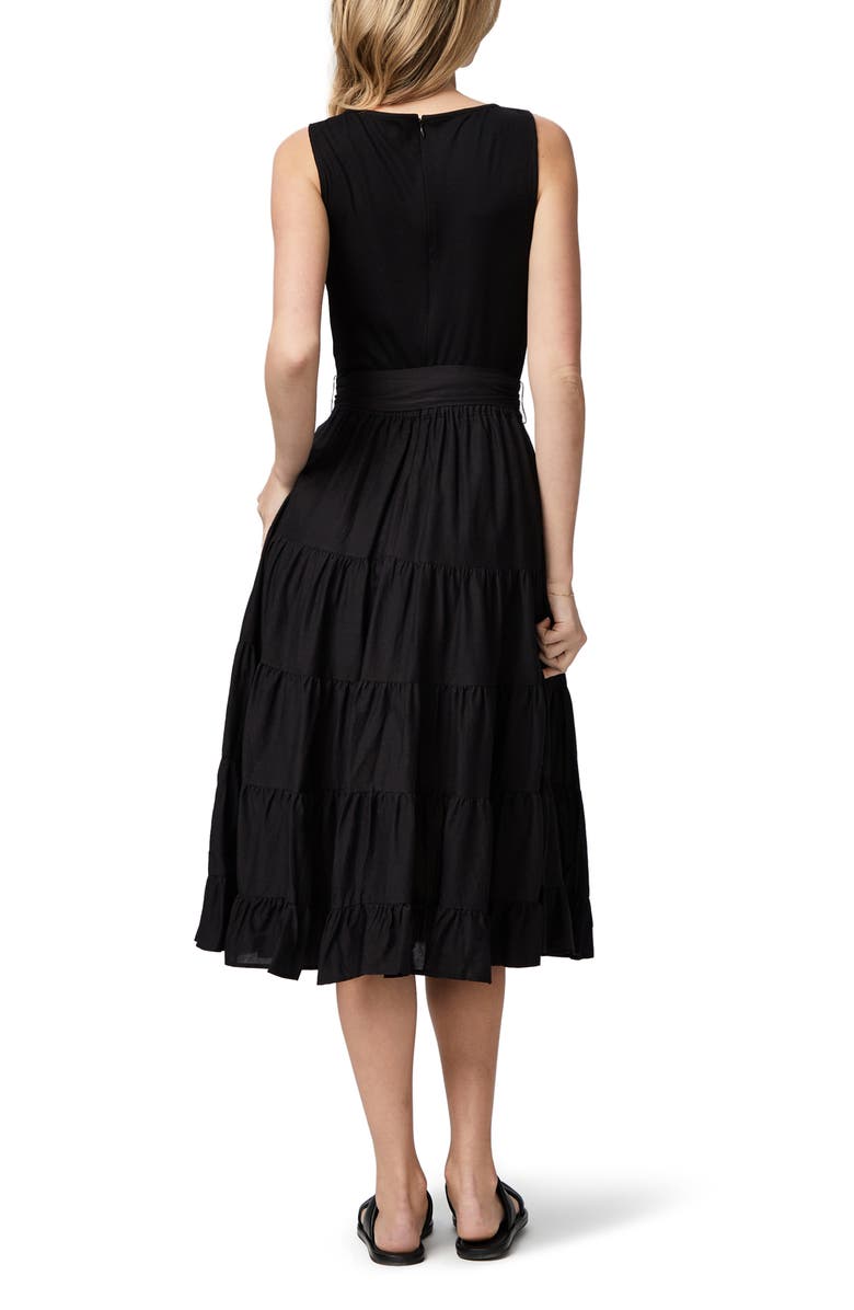 PAIGE Samosa Tie Waist Tiered Midi Dress, Alternate, color, Black