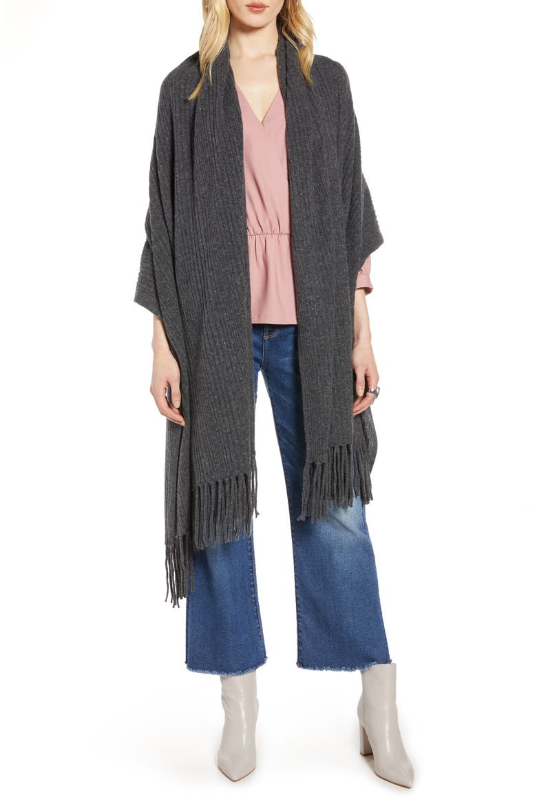Rib Cashmere Fringe Wrap, Alternate, color, GREY CHARCOAL DONEGAL