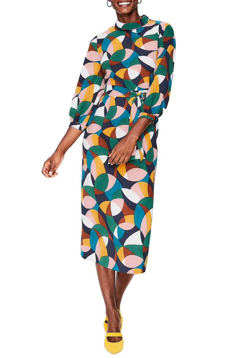 Lottie Print Midi Dress, Main, color, NAVY CIRCLE GEO SMALL