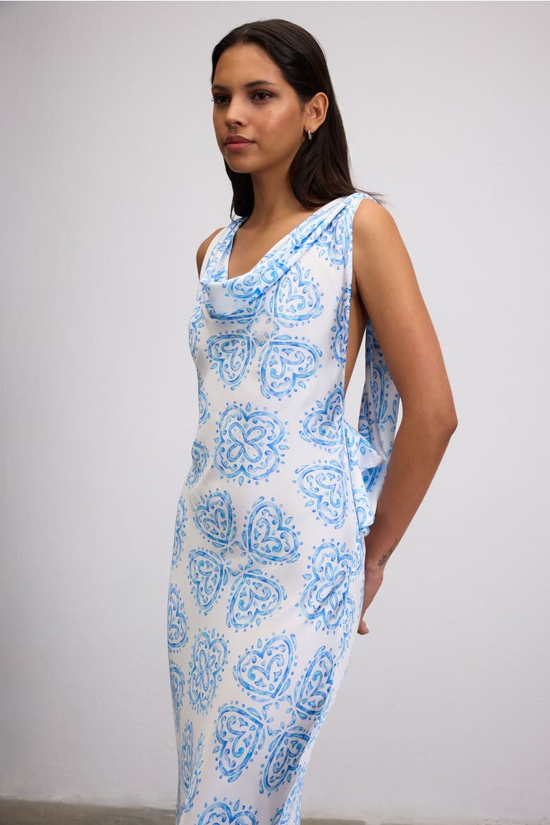 Bleu Ceramic Print Maxi Dress With Open Back, Alternate, color, Blue