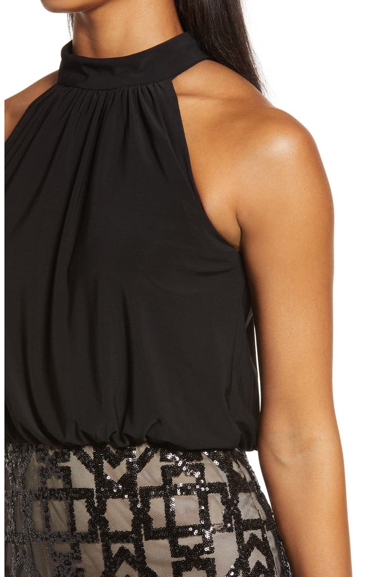 Sequin Detail Halter Neck Cocktail Dress, Alternate, color, BLACK/ TAN