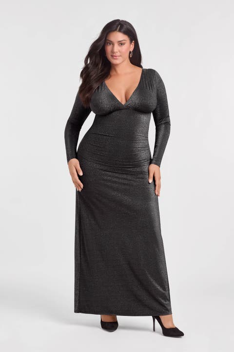 Sculpting Shapewear Shirred V-Neck Long Sleeve Metallic Maxi Dress