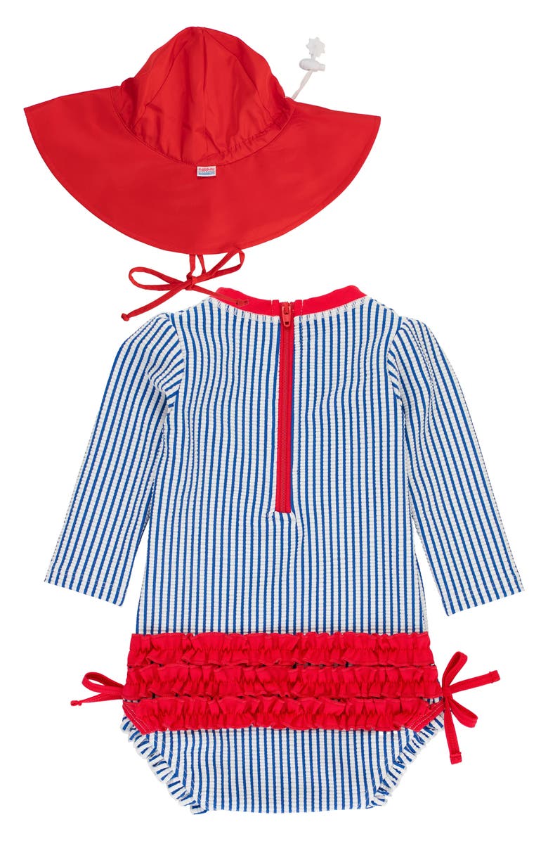 RuffleButts Seersucker One-Piece Rashguard Swimsuit & Sun Hat Set, Alternate, color, Blue