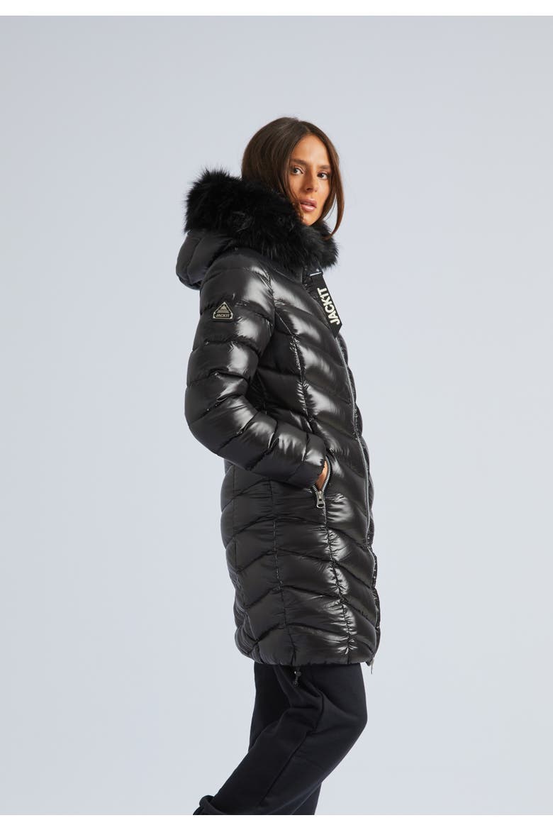Longline Hooded Down Coat, Alternate, color, Black Shine