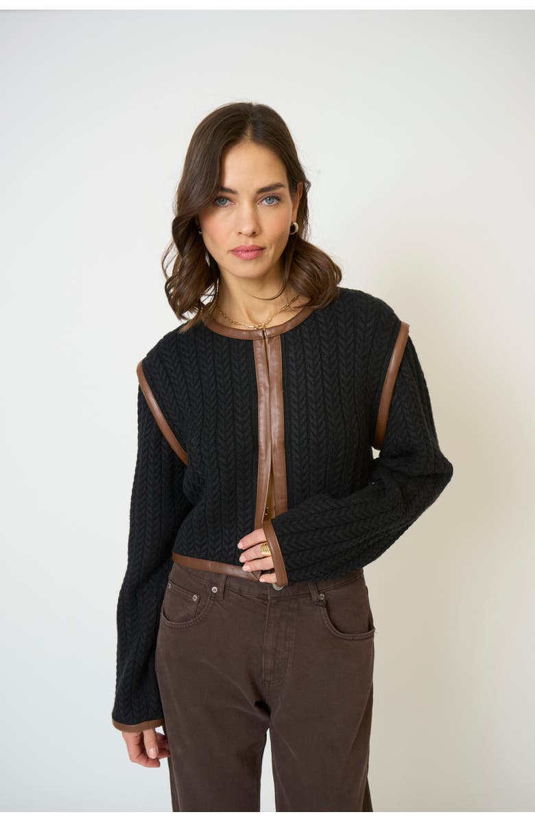 Central Park West Women's Atlas Leather Trim Cable Cardi, Main, color,