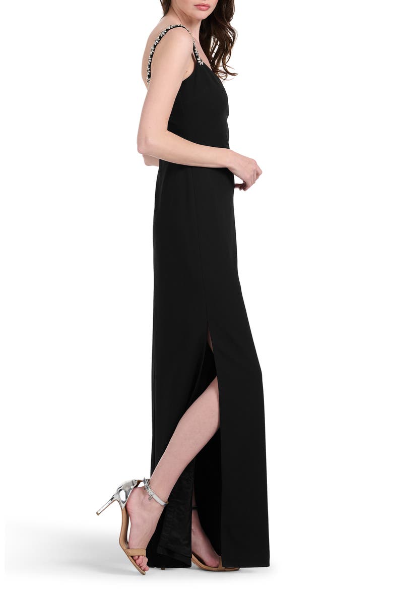 Crystal Flower Strap Stretch Crepe Gown, Alternate, color, BLACK
