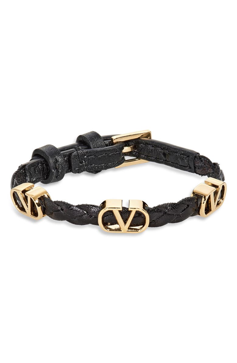 Valentino Garavani VLOGO Braided Leather Bracelet, Main, color, Black