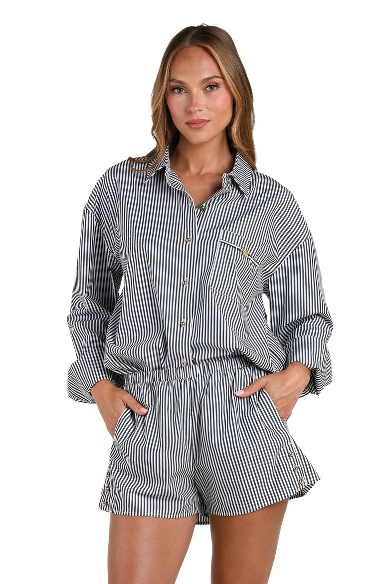 Lorena Voyage Stripe Oversize Cotton Poplin Cover-Up Button-Up Shirt, Alternate, color, BLACK
