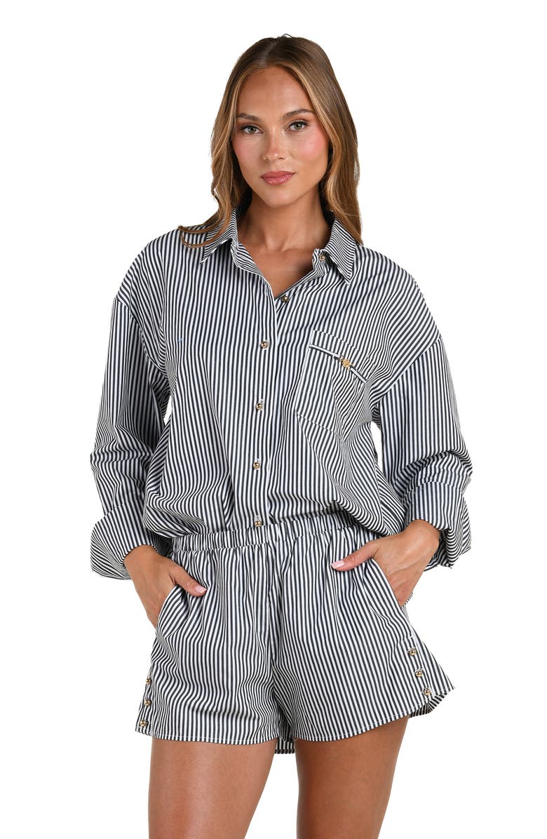 L'AGENCE Lorena Voyage Stripe Oversize Cotton Poplin Cover-Up Button-Up Shirt, Alternate, color, Black