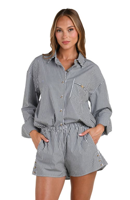 L'agence Lorena Voyage Stripe Oversize Cotton Poplin Cover-up Button-up Shirt In Gray