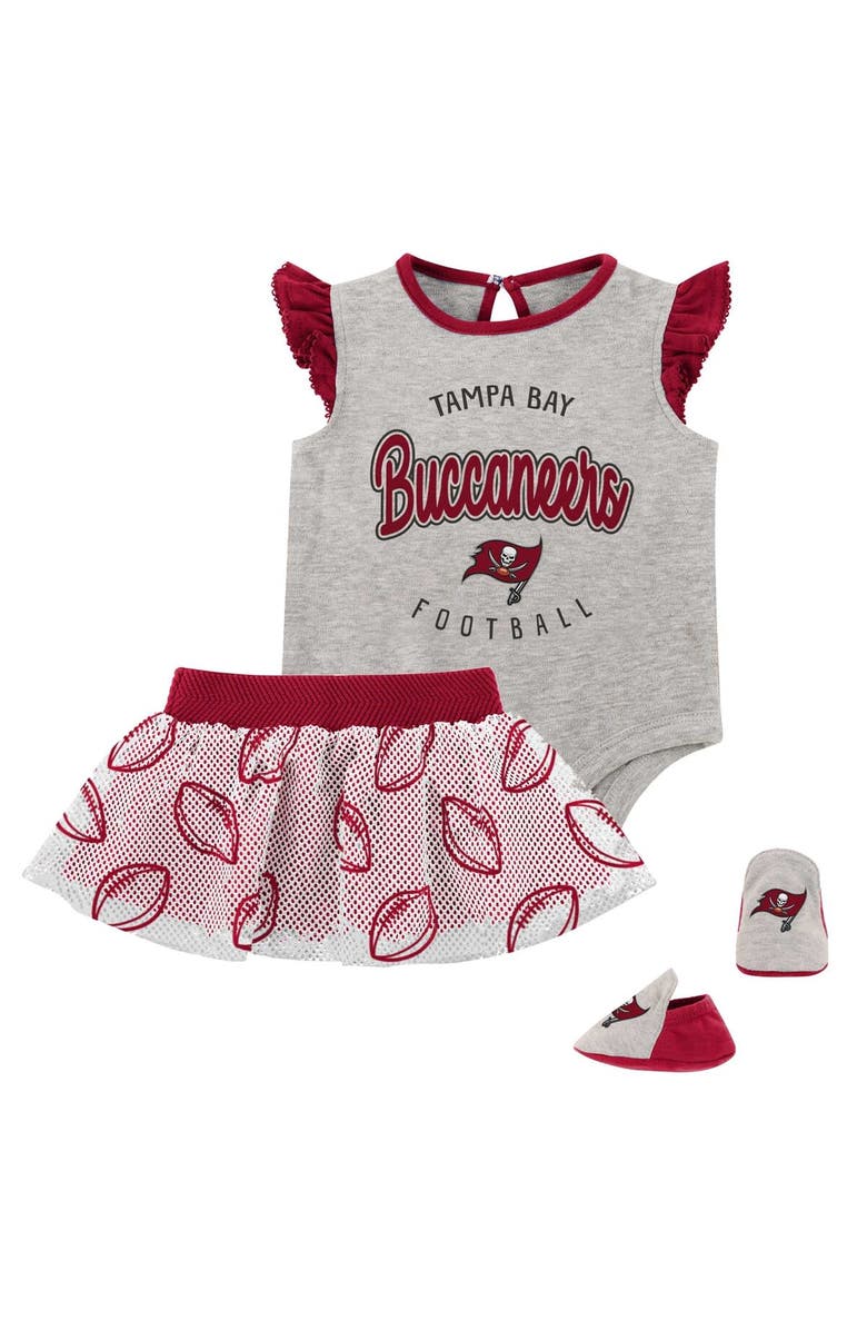 Outerstuff Girls Infant Heather Gray/Red Tampa Bay Buccaneers All Dolled Up Three-Piece Bodysuit, Skirt & Booties Set, Main, color, 