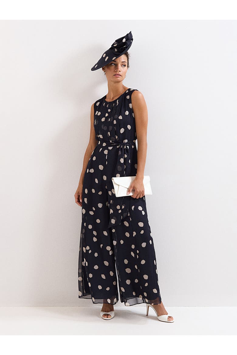 Maxine Spot Tie-Waist Maxi Jumpsuit, Main, color, Navy/Ivory