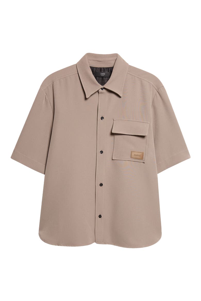 Logo Patch Short Sleeve Stretch Cady Button-Up Shirt, Alternate, color, DARK SAND