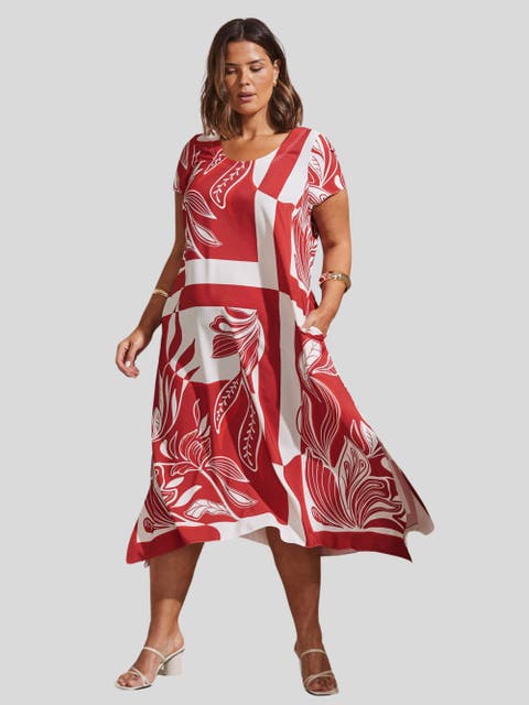Abstract Leaf Print Hanky Hem Dress