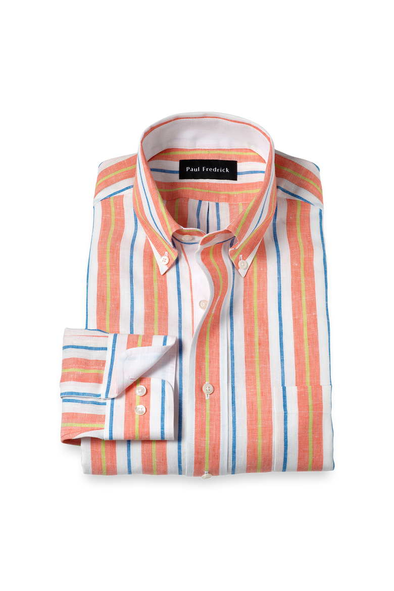 Linen Buttondown Collar Poplin Tailored Contrast Trim Button Cuff Long Sleeve, Main, color, White Multi