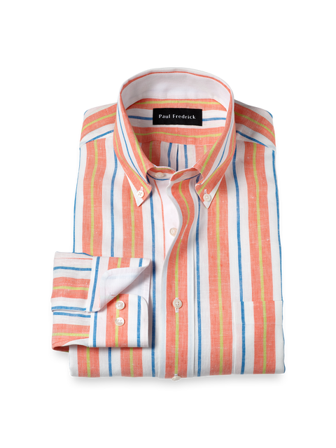 Linen Buttondown Collar Poplin Tailored Contrast Trim Button Cuff Long Sleeve