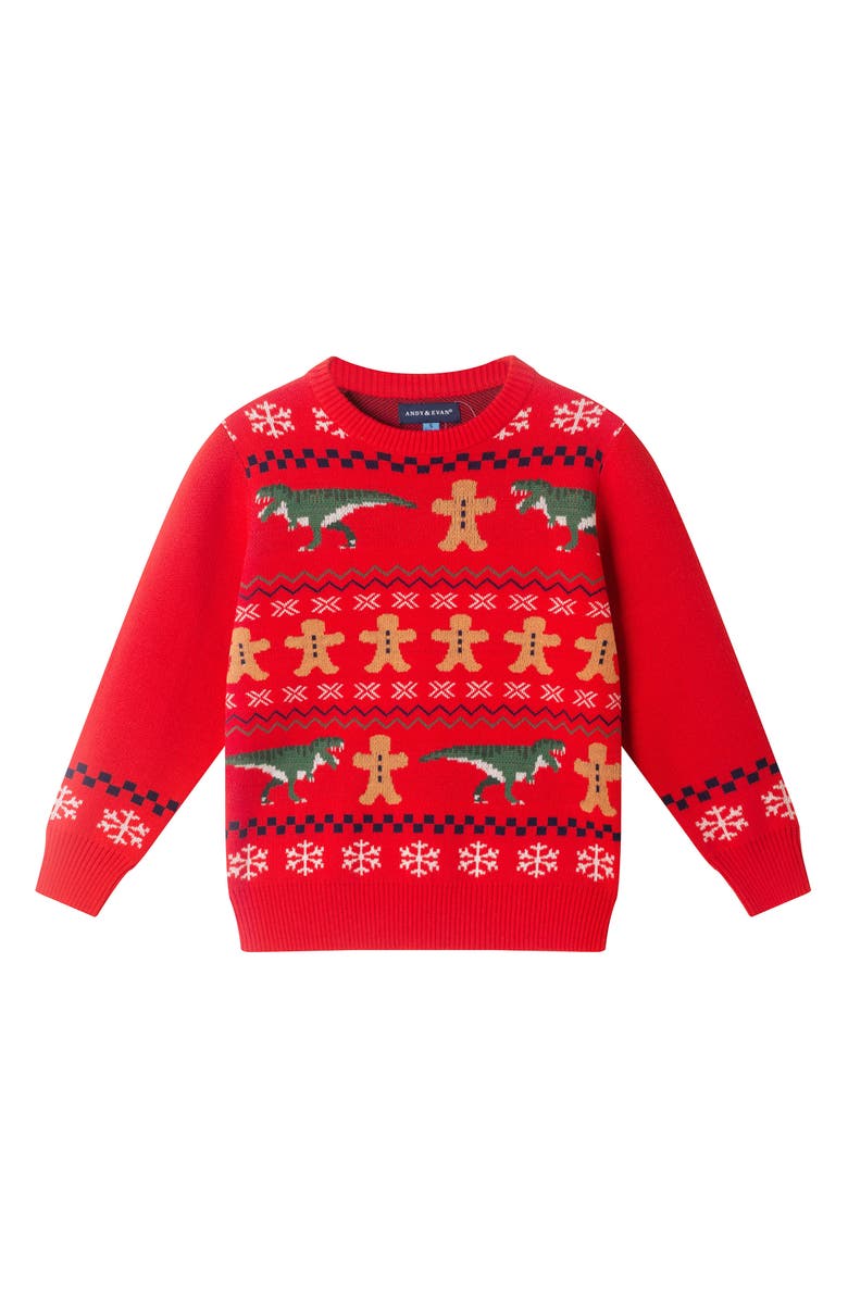 Andy & Evan Kids Dino Fair Isle Cotton Crewneck Sweater & Twill Joggers Set, Alternate, color, Red Ginger