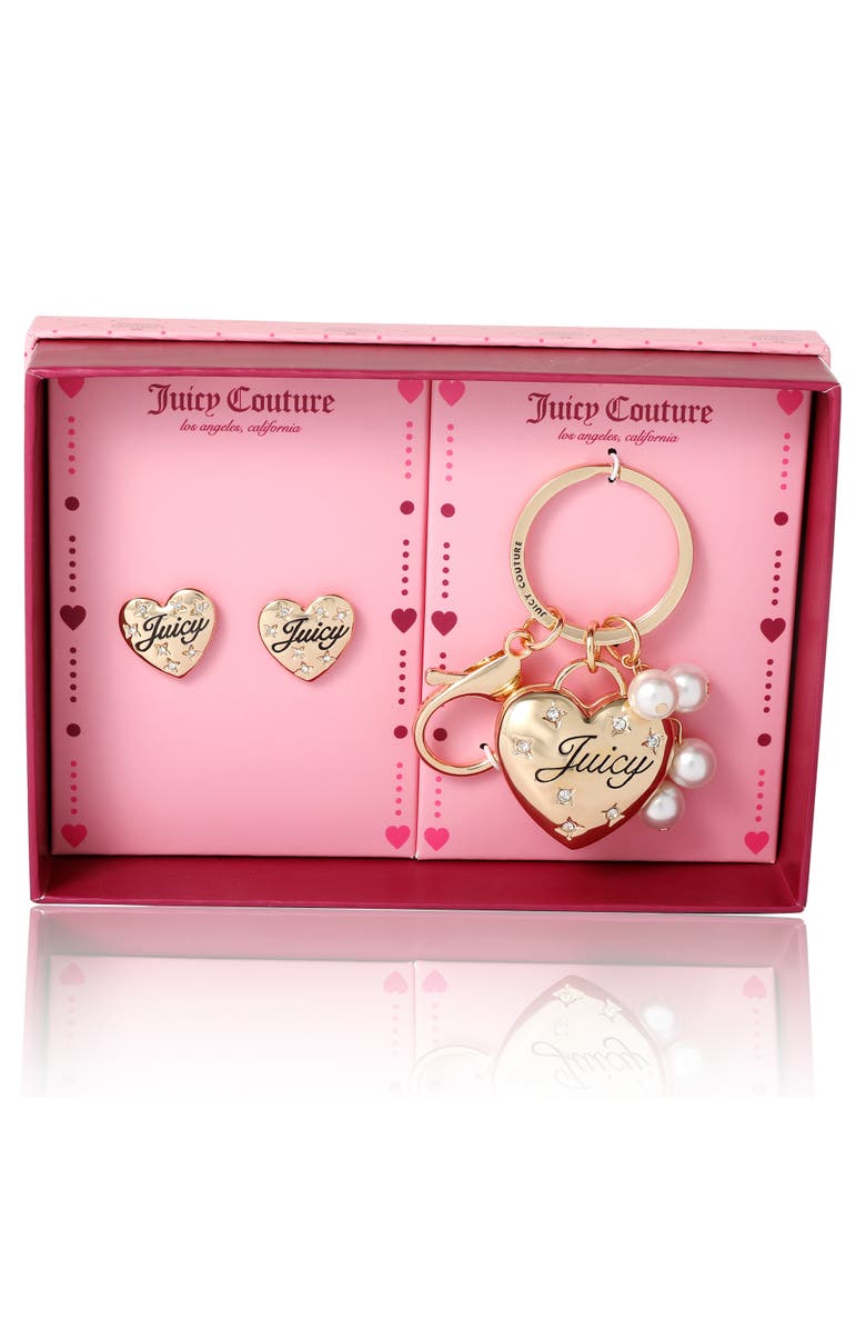 Juicy Couture Heart Keychain & Earring Set with Crystal Accents, Alternate, color, Gold, Silver