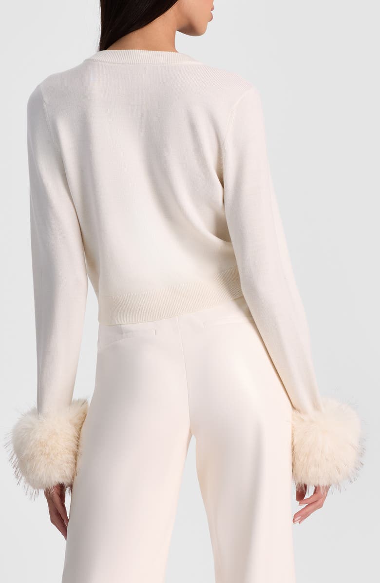 Alice + Olivia Dollie Faux Fur Cuff Wool Cardigan, Alternate, color, Soft White