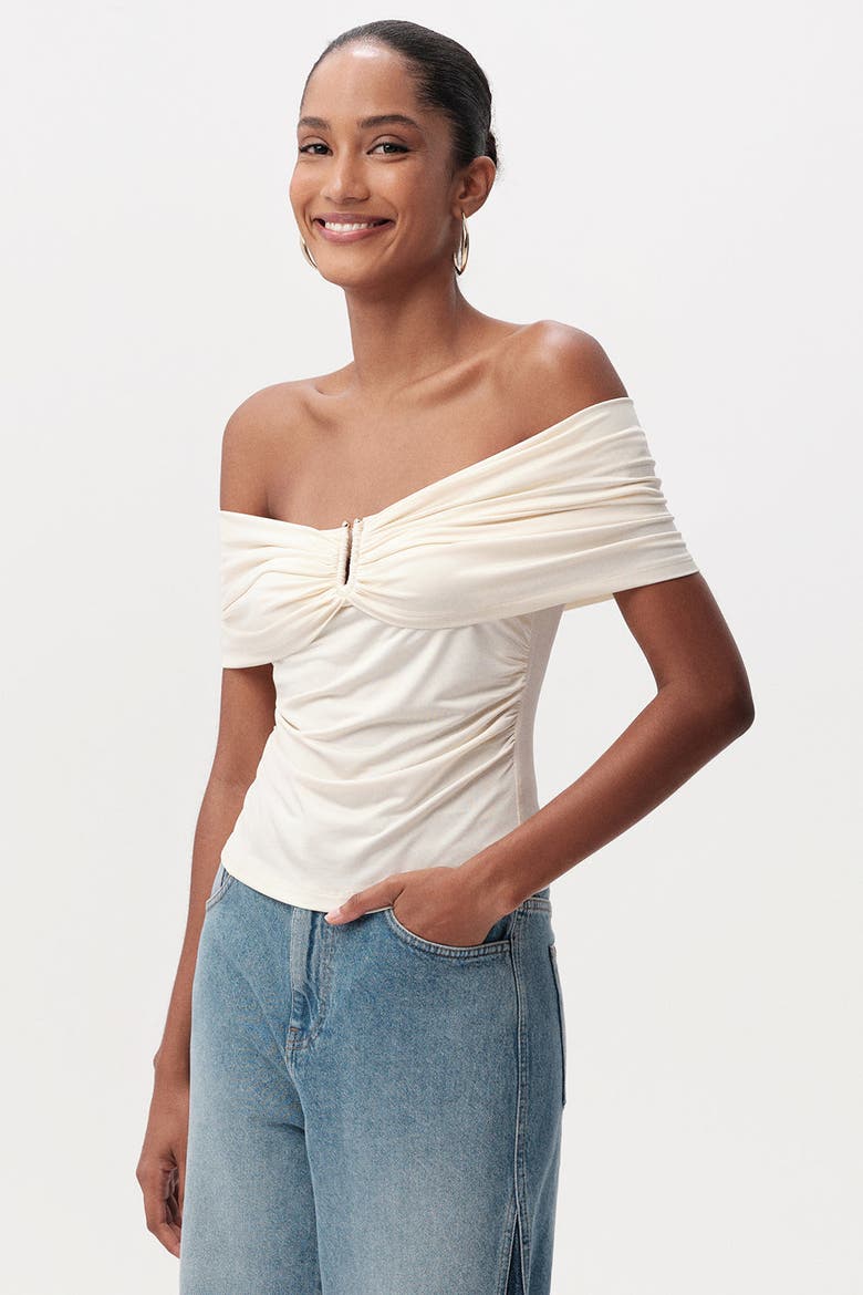 Artus Off Shoulder Metal Buckle Knit Blouse, Alternate, color, Cream