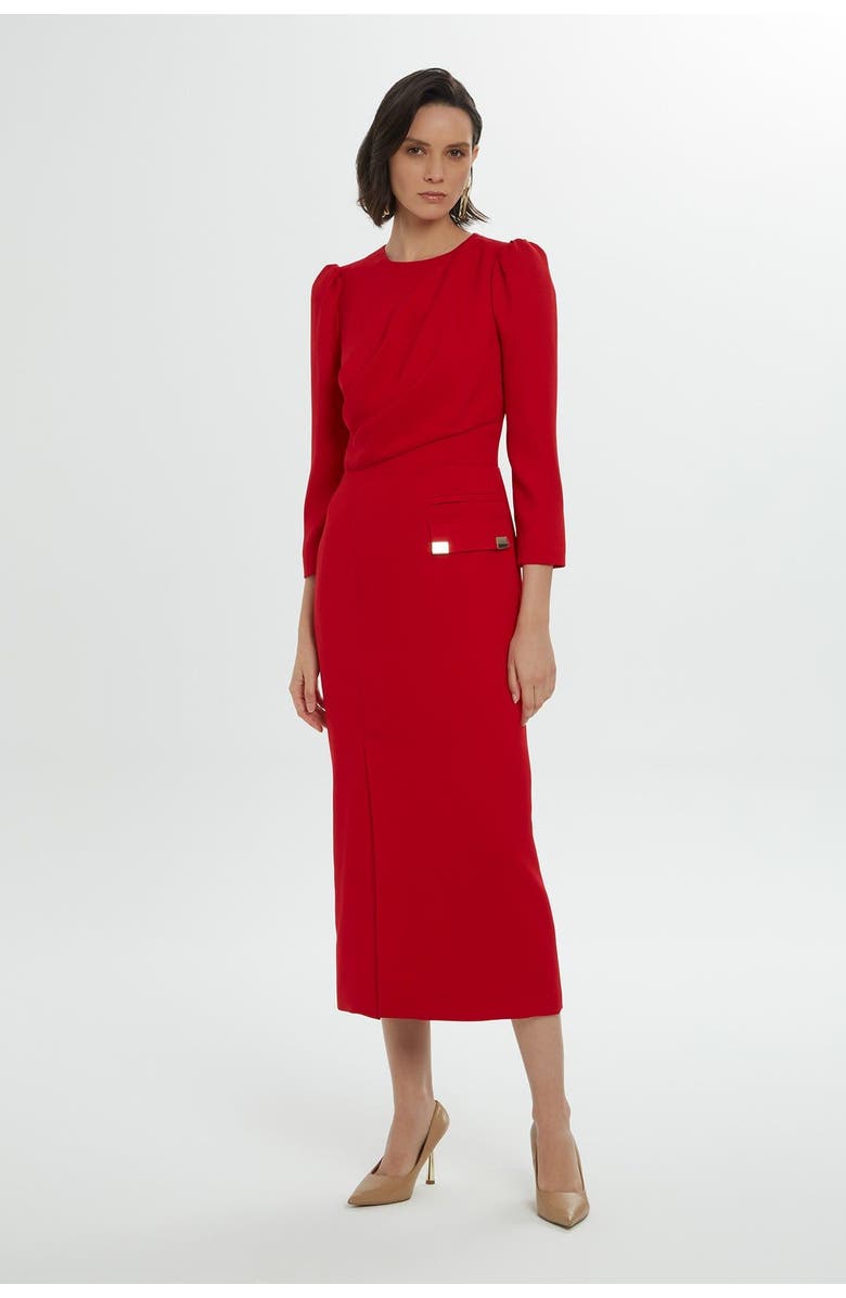 Gizia Red Midi Dress with Long Sleeves and Fitted Waist, Main, color, Red